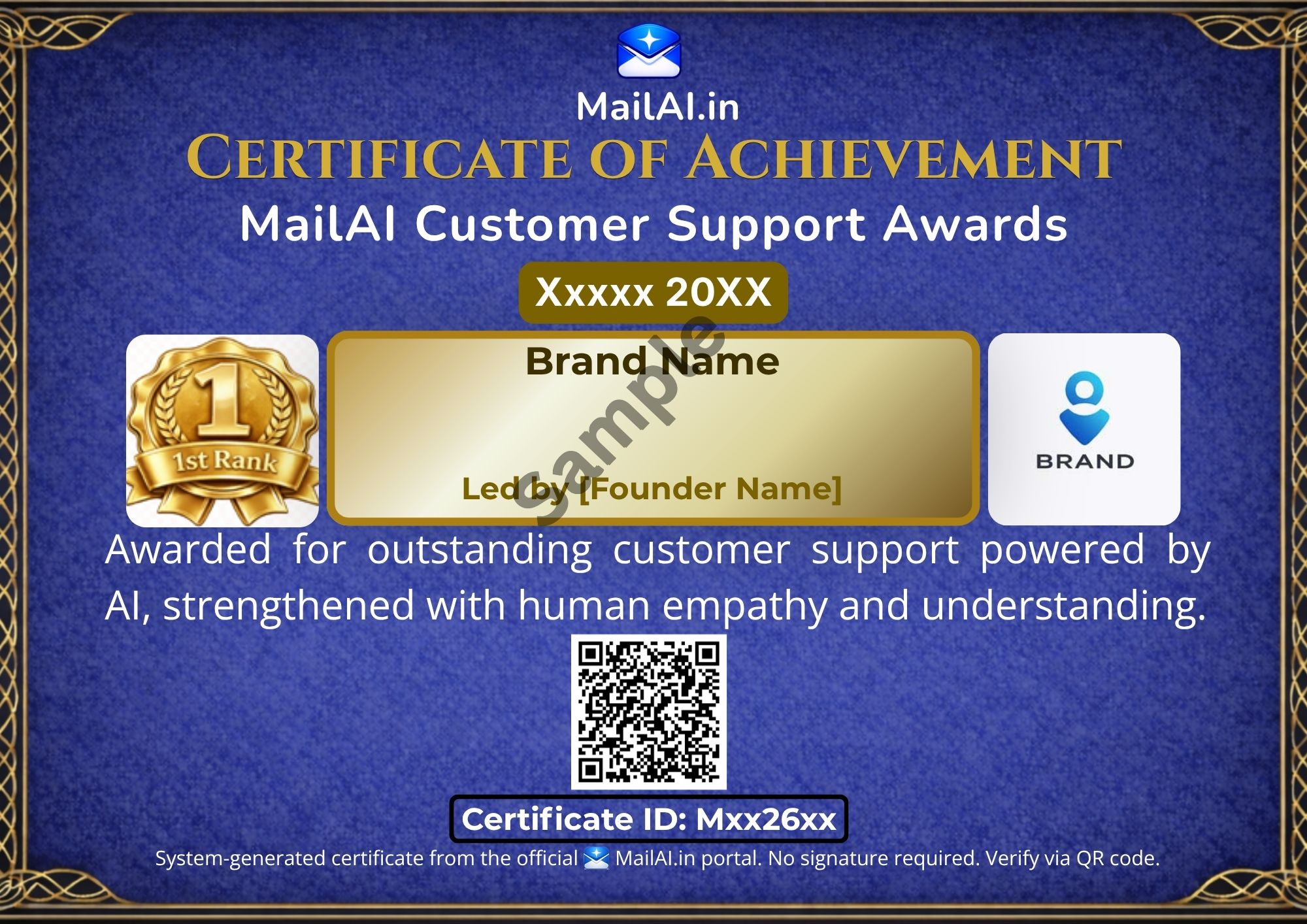 Mail AI Customer Support Awards Certificate Sample
